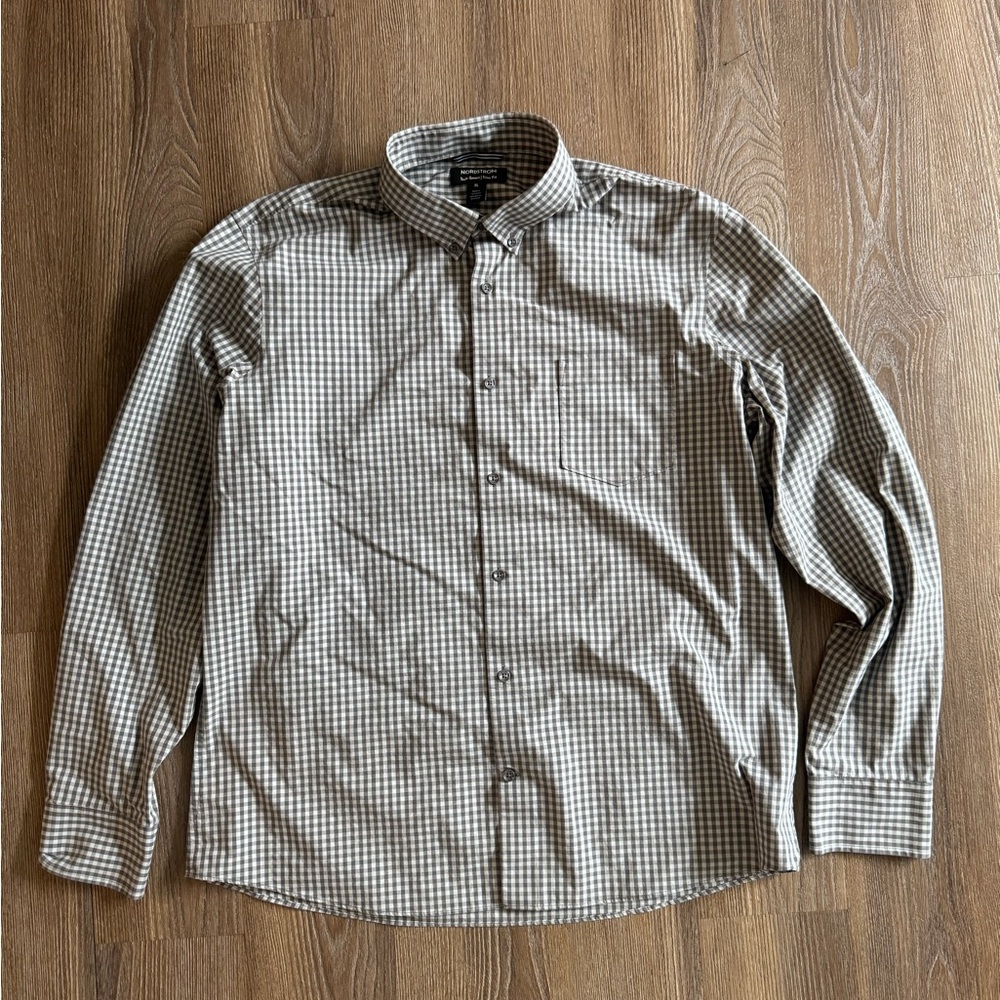 Nordstrom Tech-Smart Trim Fit Gingham CoolMax® Button-Down Shirt, XL, Gray